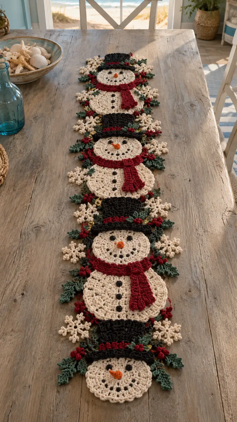 Cream Snowman With Red Scarf Table Runner Pattern crochet pattern - detailed view of completed project