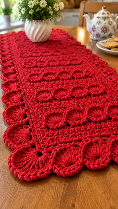 Elegant Red Scalloped Table Runner Pattern step 2 - assembly progress