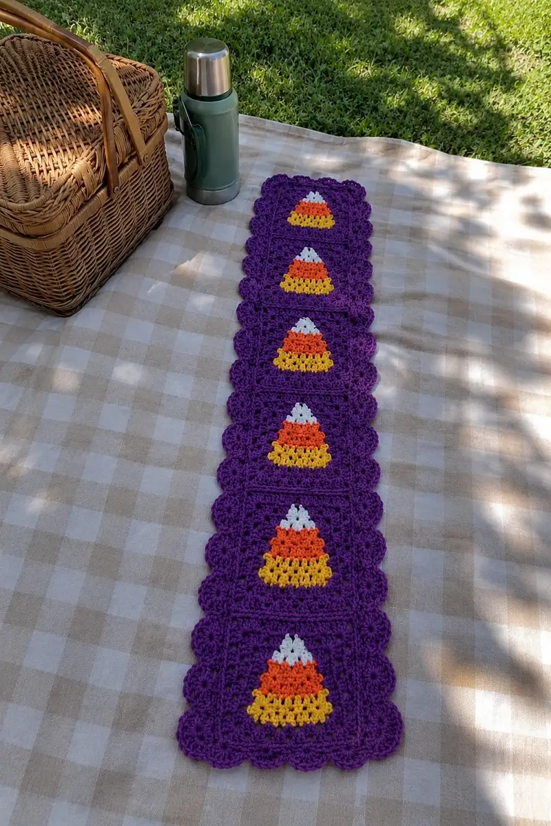Purple Granny Square Strip Table Runner with Candy Corn Squares Pattern crochet pattern - detailed view of completed project