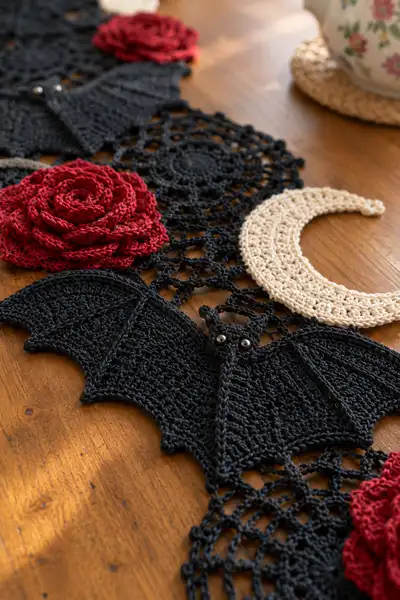 Vampire Bat and Red Rose Gothic Table Runner Pattern step 2 - assembly progress