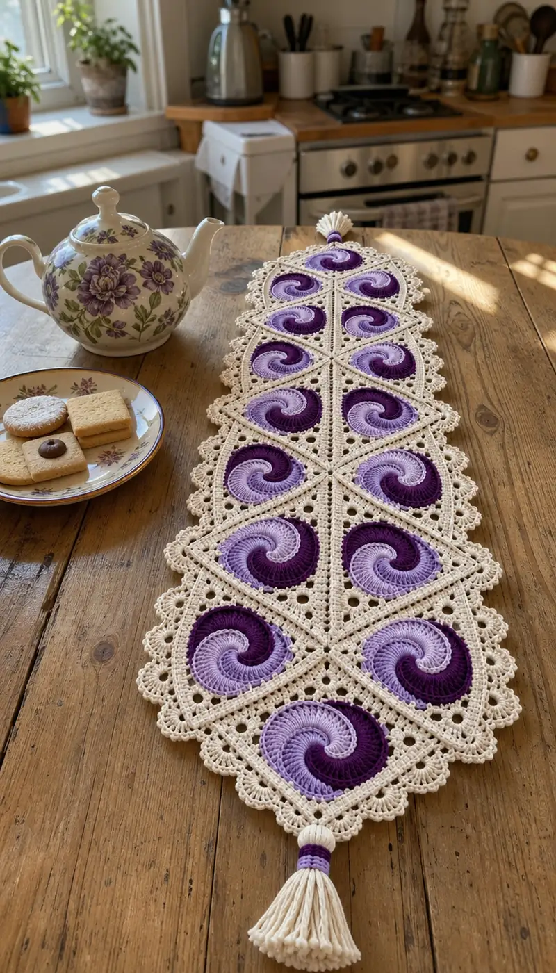 Lavender Swirl Table Runner Pattern crochet pattern - detailed view of completed project