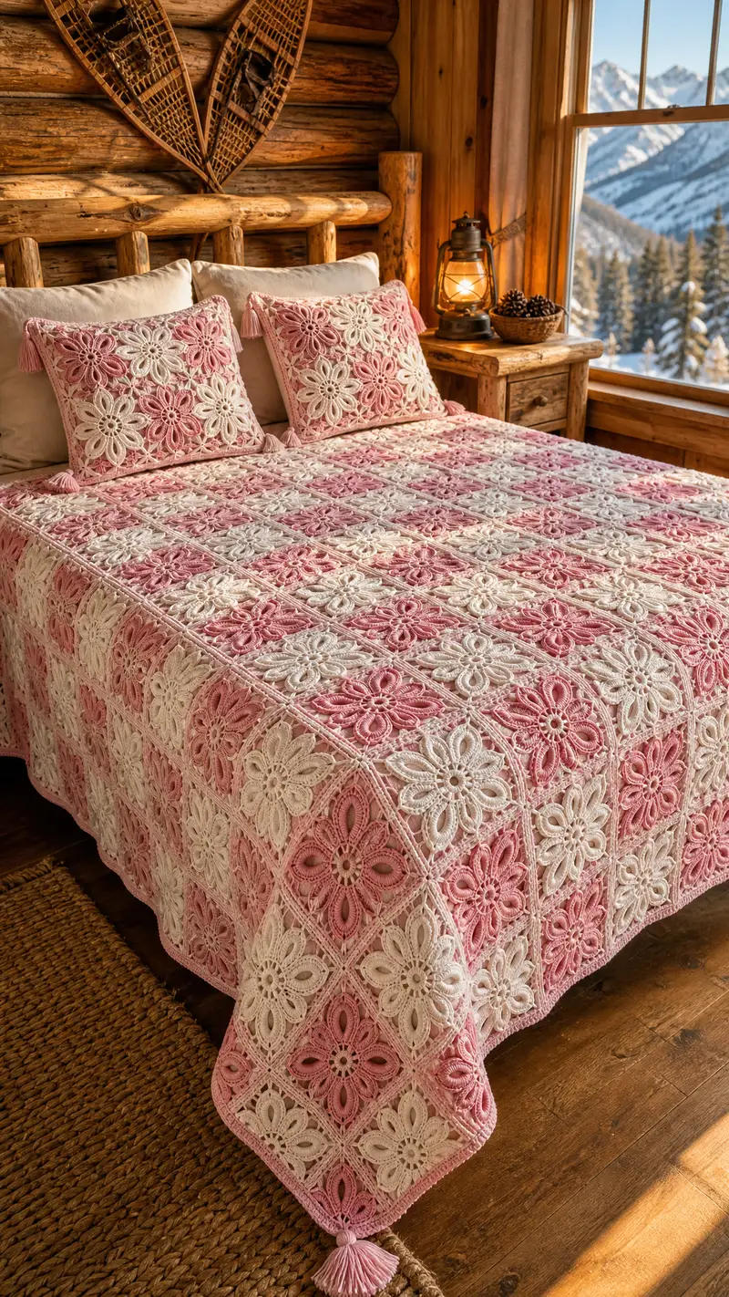 Blush Rose Floral Granny Bedspread Pattern crochet pattern - detailed view of completed project