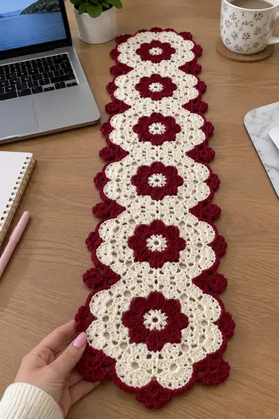 Burgundy And Cream Floral Motif Table Runner Pattern step 2 - assembly progress