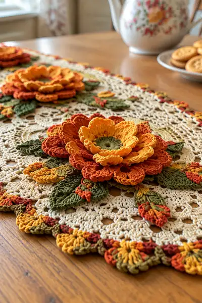 Layered Lace Doily and 3D Flower Autumn Table Runner Pattern step 2 - assembly progress