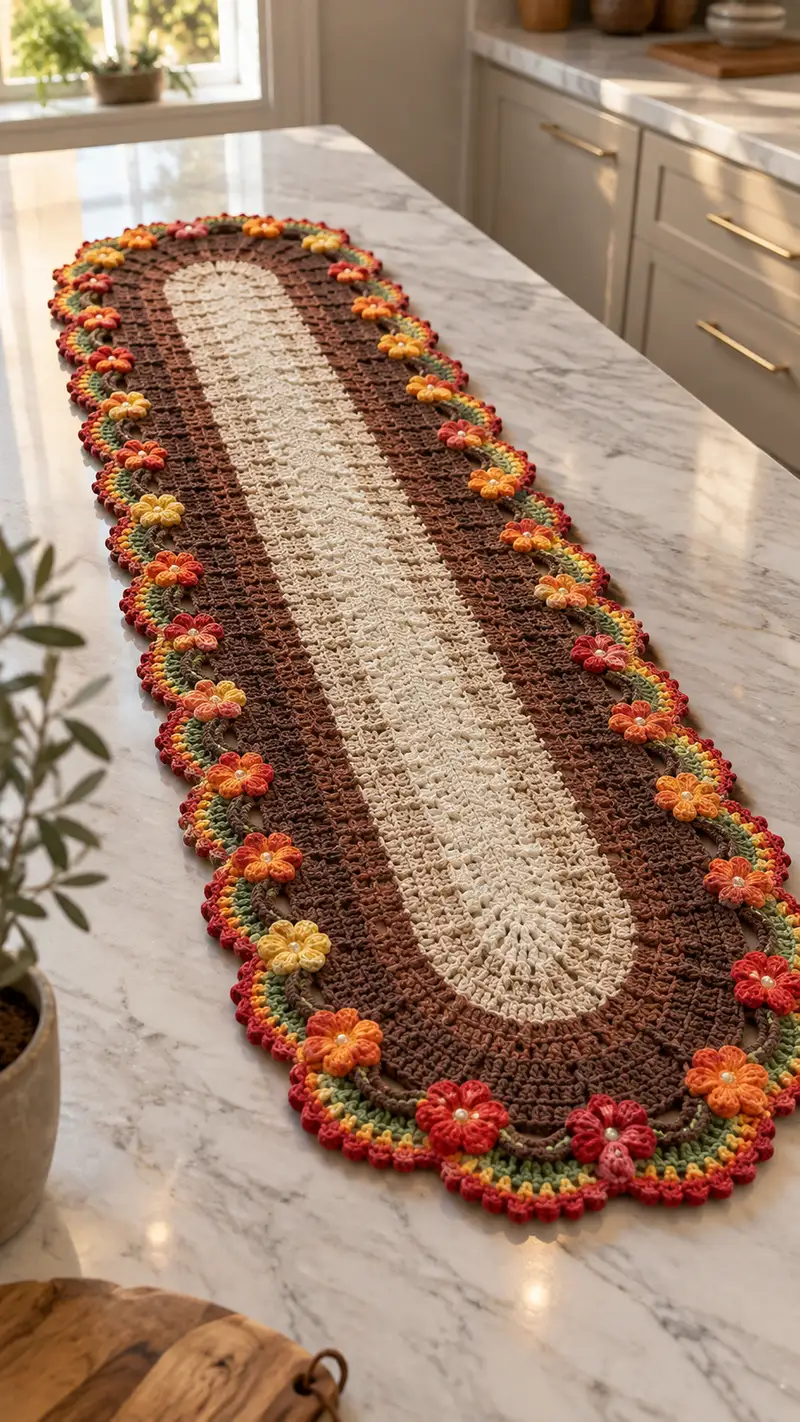 Autumn Blossom Oval Table Runner Pattern crochet pattern - detailed view of completed project