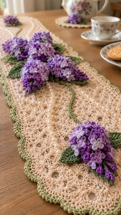 Vintage Lilac Table Runner and Coaster Set Pattern step 2 - assembly progress