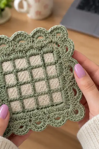 Sage Green Natural Bedspread Square Motif Pattern step 3 - details and accessories
