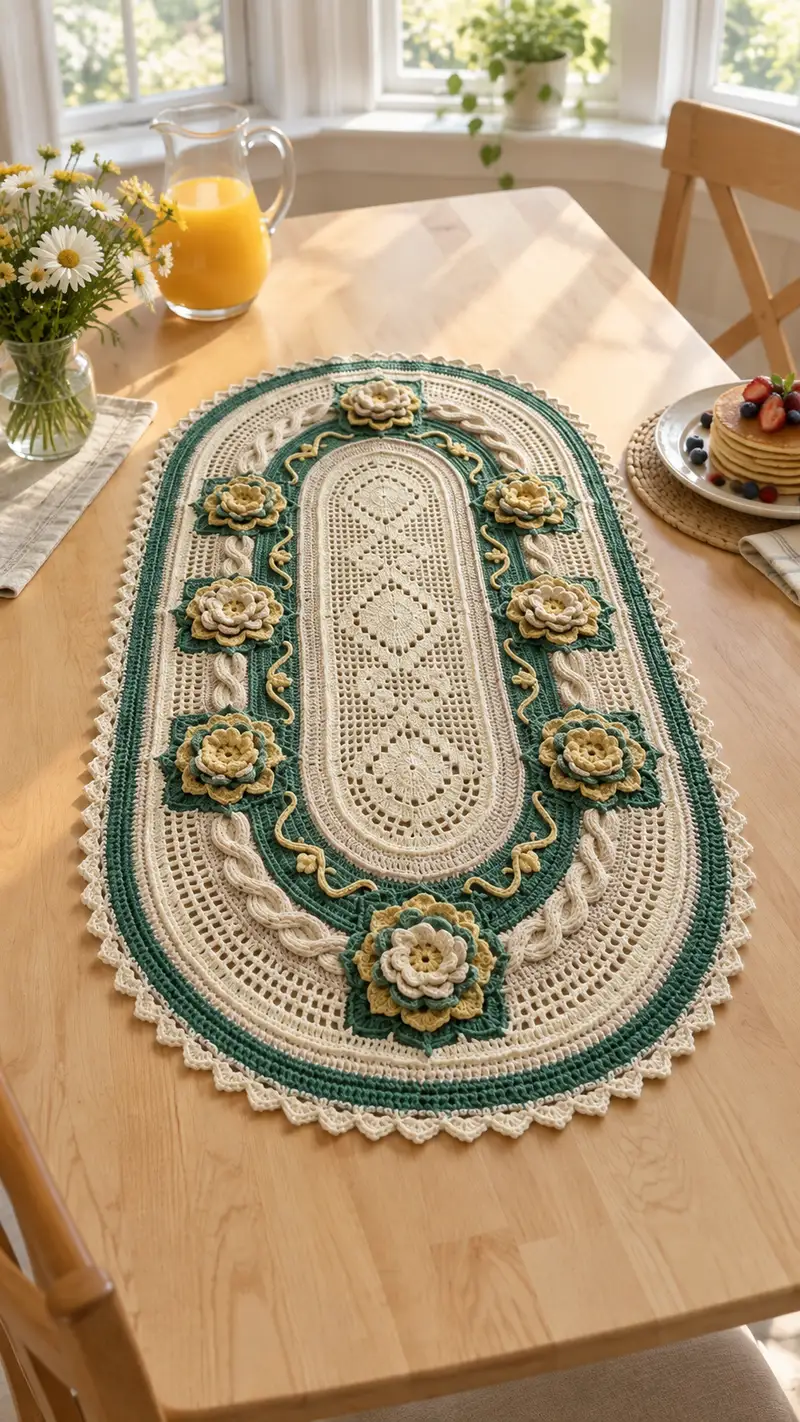Elegant Oval Floral Table Runner Pattern crochet pattern - detailed view of completed project