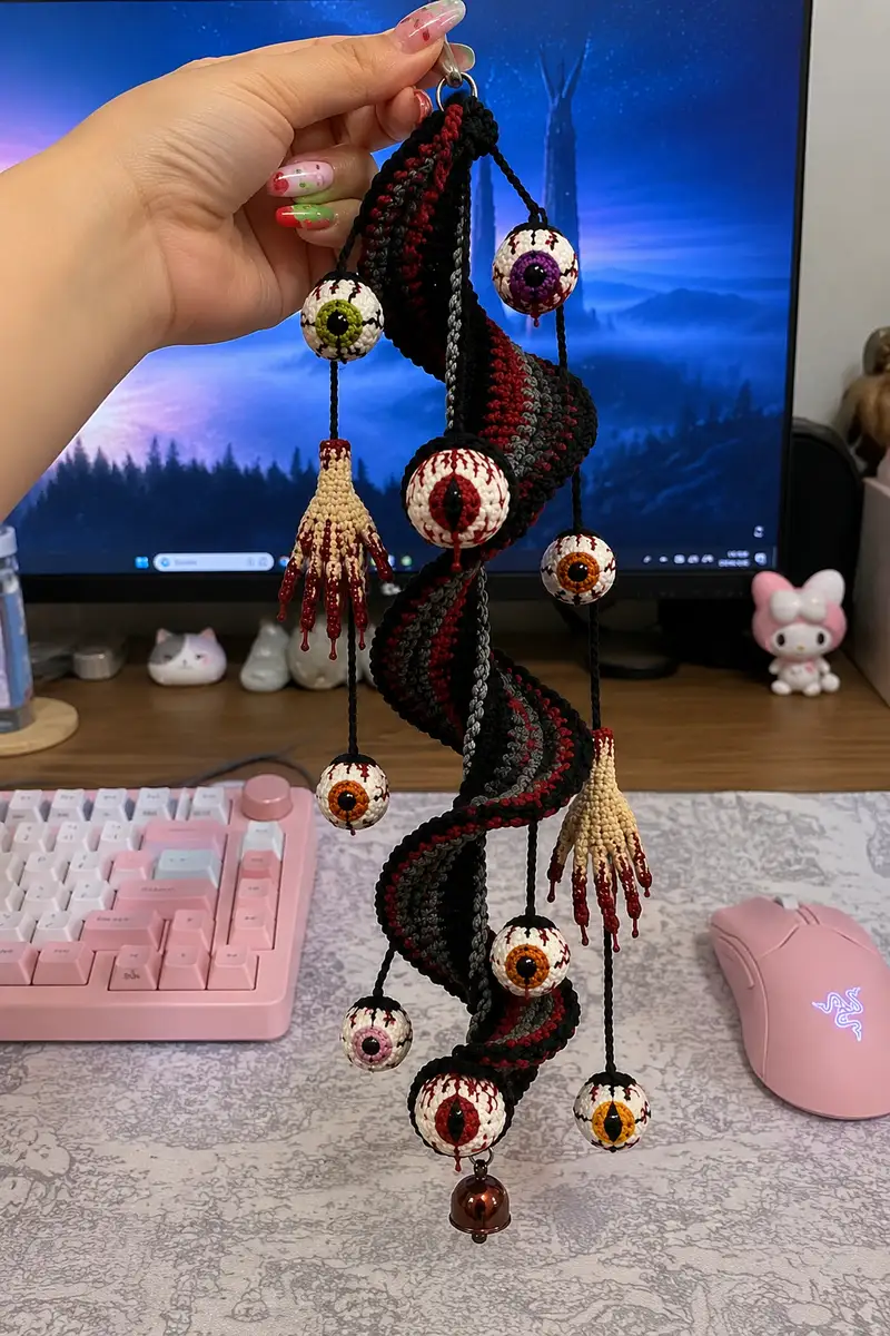 Spooky Eyeballs and Bloody Hands Spiral Garland Pattern crochet pattern - detailed view of completed project