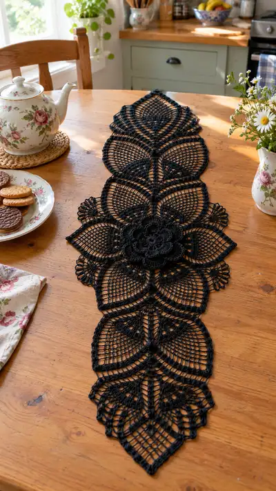 Elegant Black Lace Table Runner Pattern step 1 - construction progress