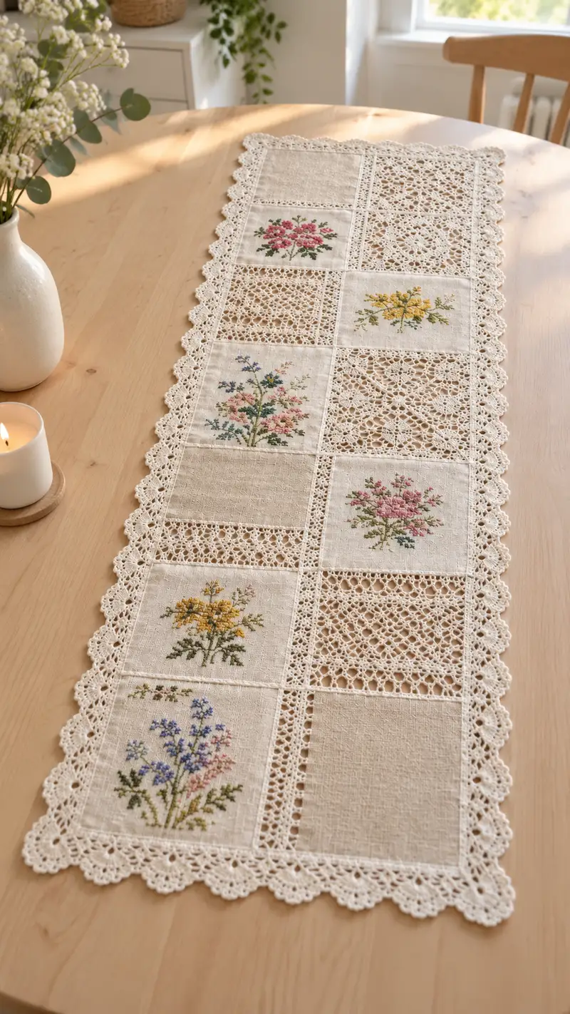 Vintage Floral Table Runner Pattern crochet pattern - detailed view of completed project
