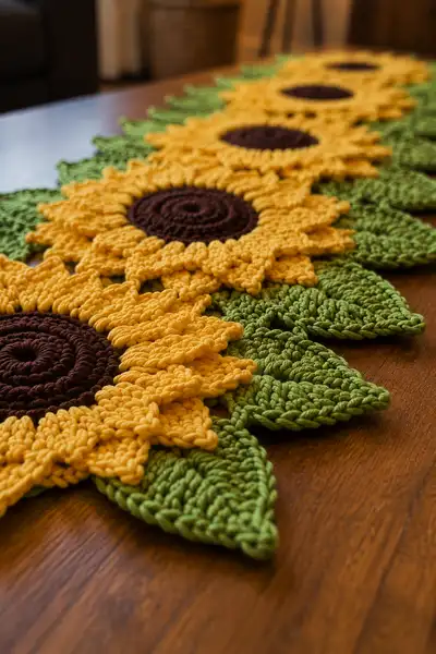 Joined Sunflower and Leaf Motif Table Runner Pattern step 2 - assembly progress