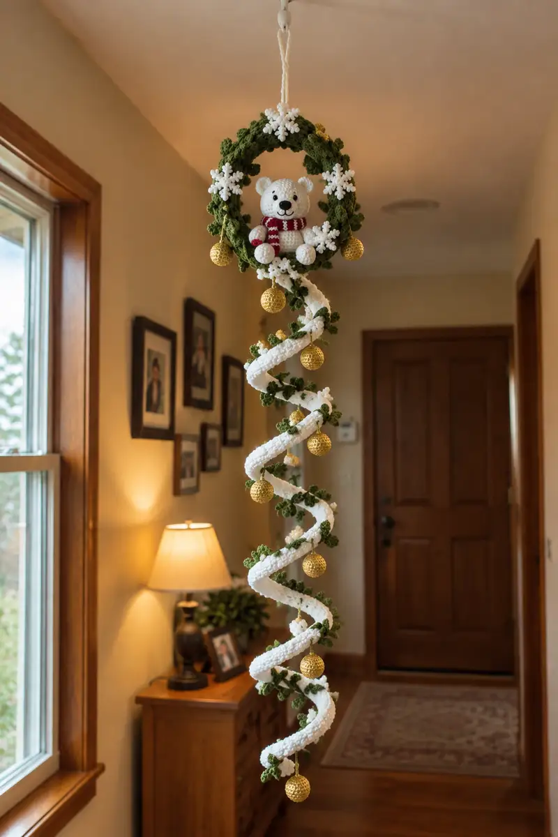Winter Amigurumi Wreath with Polar Bear and Golden Baubles Amigurumi Pattern crochet pattern - detailed view of completed project