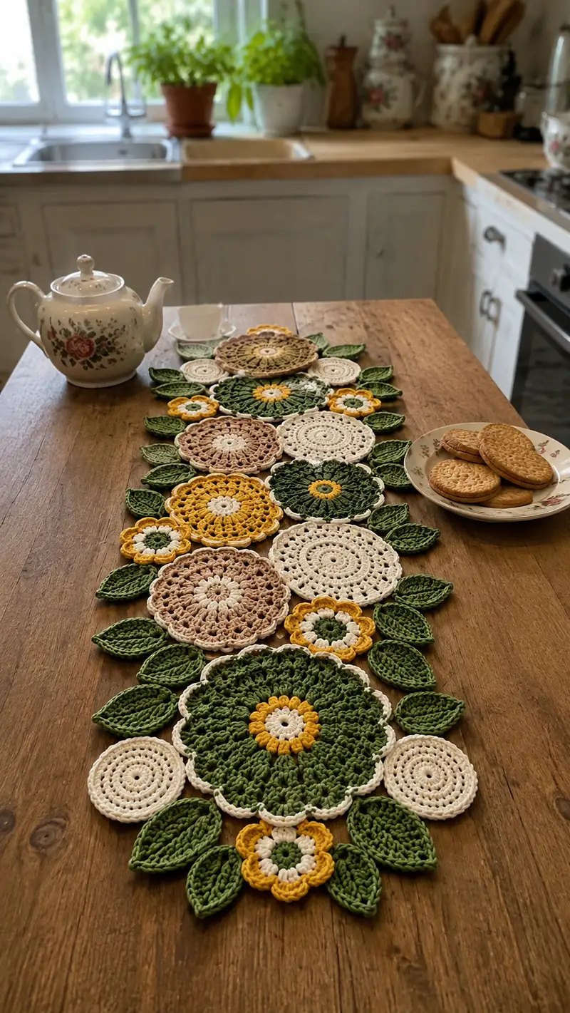 Blooming Floral Table Runner Pattern crochet pattern - detailed view of completed project