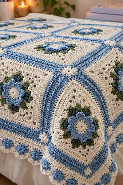 Soft Blue Blossom Bedspread Pattern step 3 - details and accessories