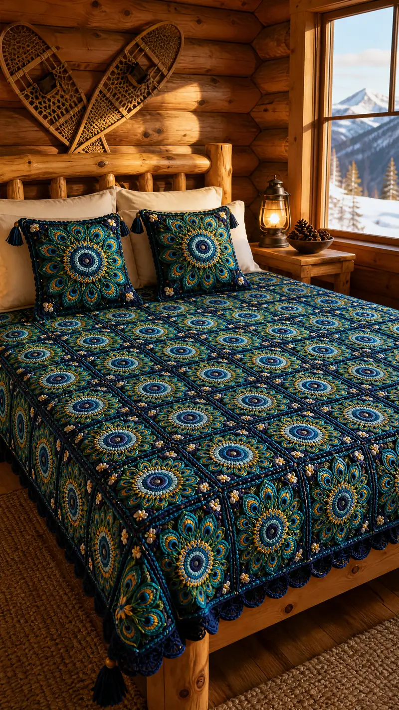 Peacock Medallion Granny Bedspread Pattern crochet pattern - detailed view of completed project