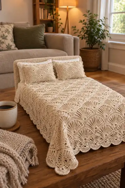 Neutral Boho Fan-Bloc Bedspread & Pillow Set Pattern step 2 - assembly progress