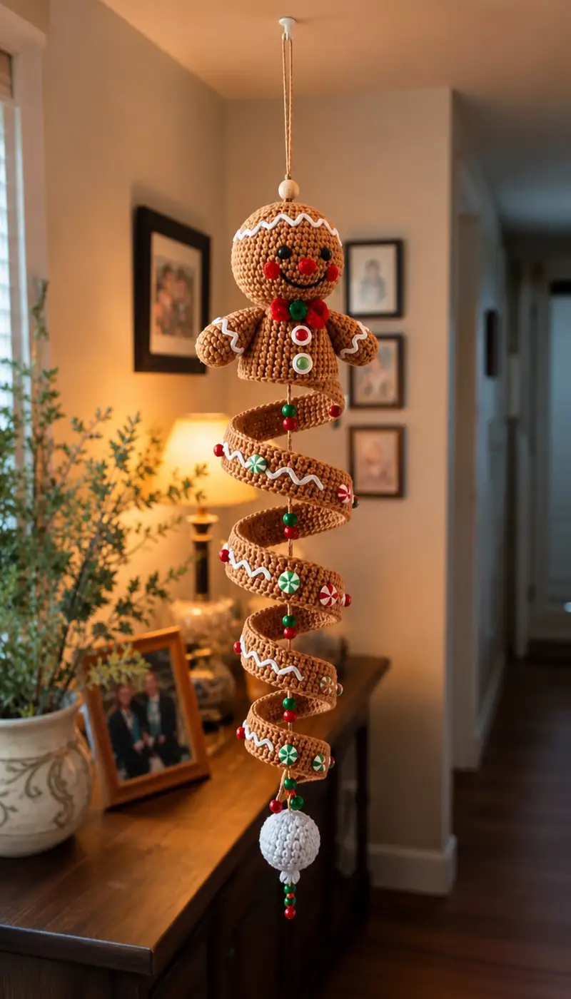 Gingerbread Spiral Hanging Ornament Amigurumi Pattern crochet pattern - detailed view of completed project
