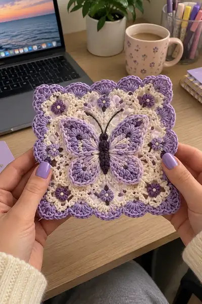 Lavender Butterfly Granny Square Pattern step 2 - assembly progress