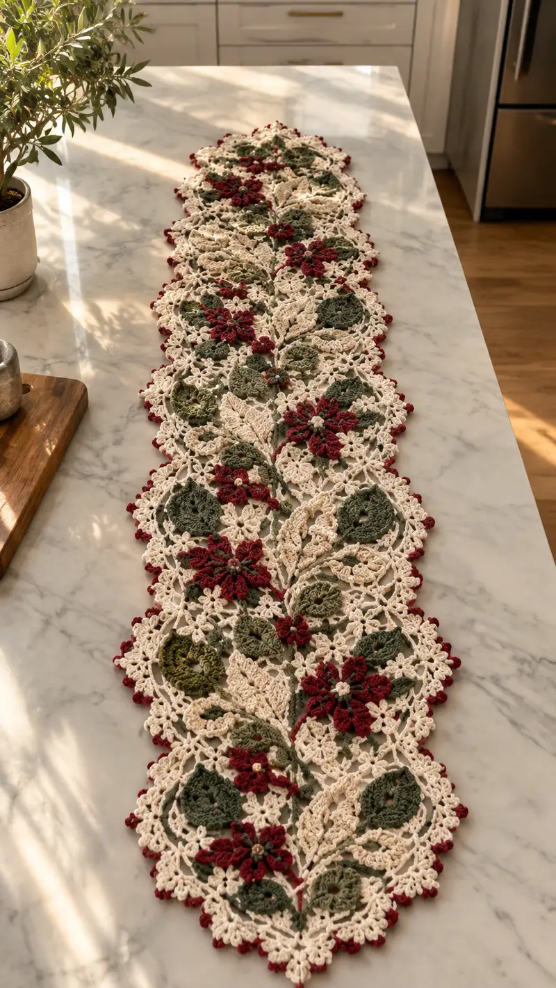 Burgundy Olive Poinsettia Lace Table Runner Pattern crochet pattern - detailed view of completed project