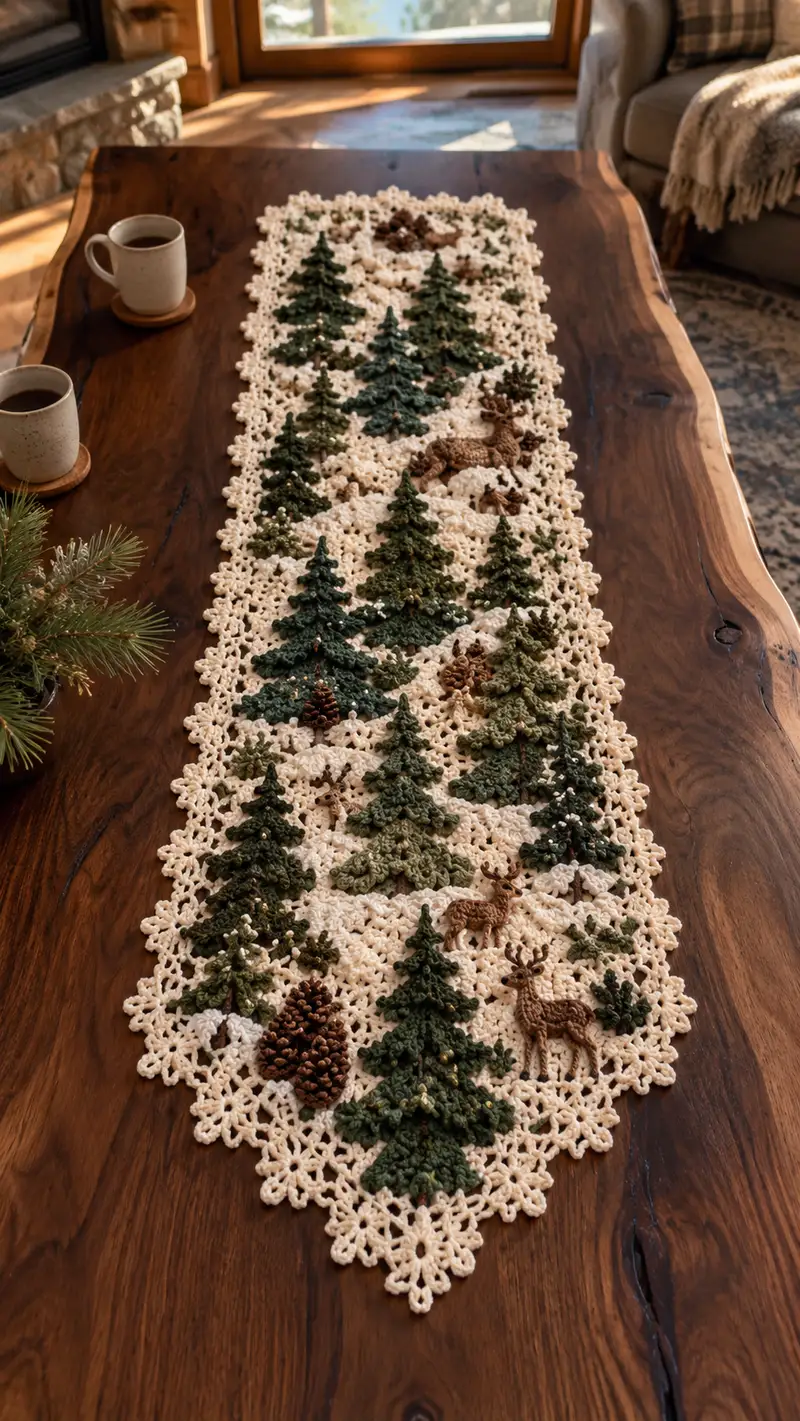 Pine Tree Forest Green And Cream Table Runner Pattern crochet pattern - detailed view of completed project