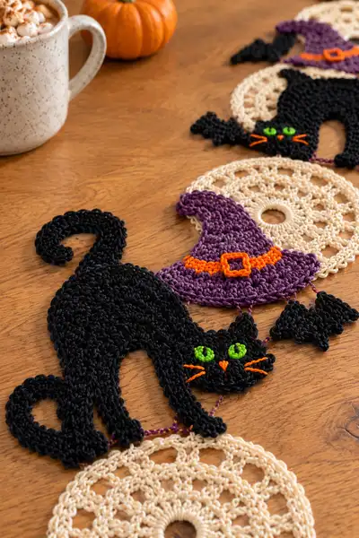 Black Cat and Full Moon Halloween Table Runner Pattern step 2 - assembly progress