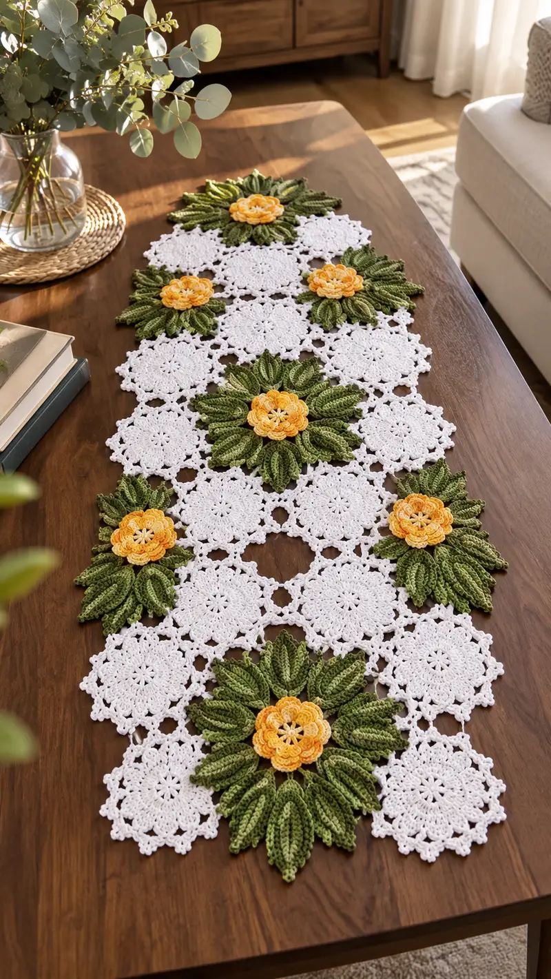 Floral Lace Table Runner Pattern crochet pattern - detailed view of completed project