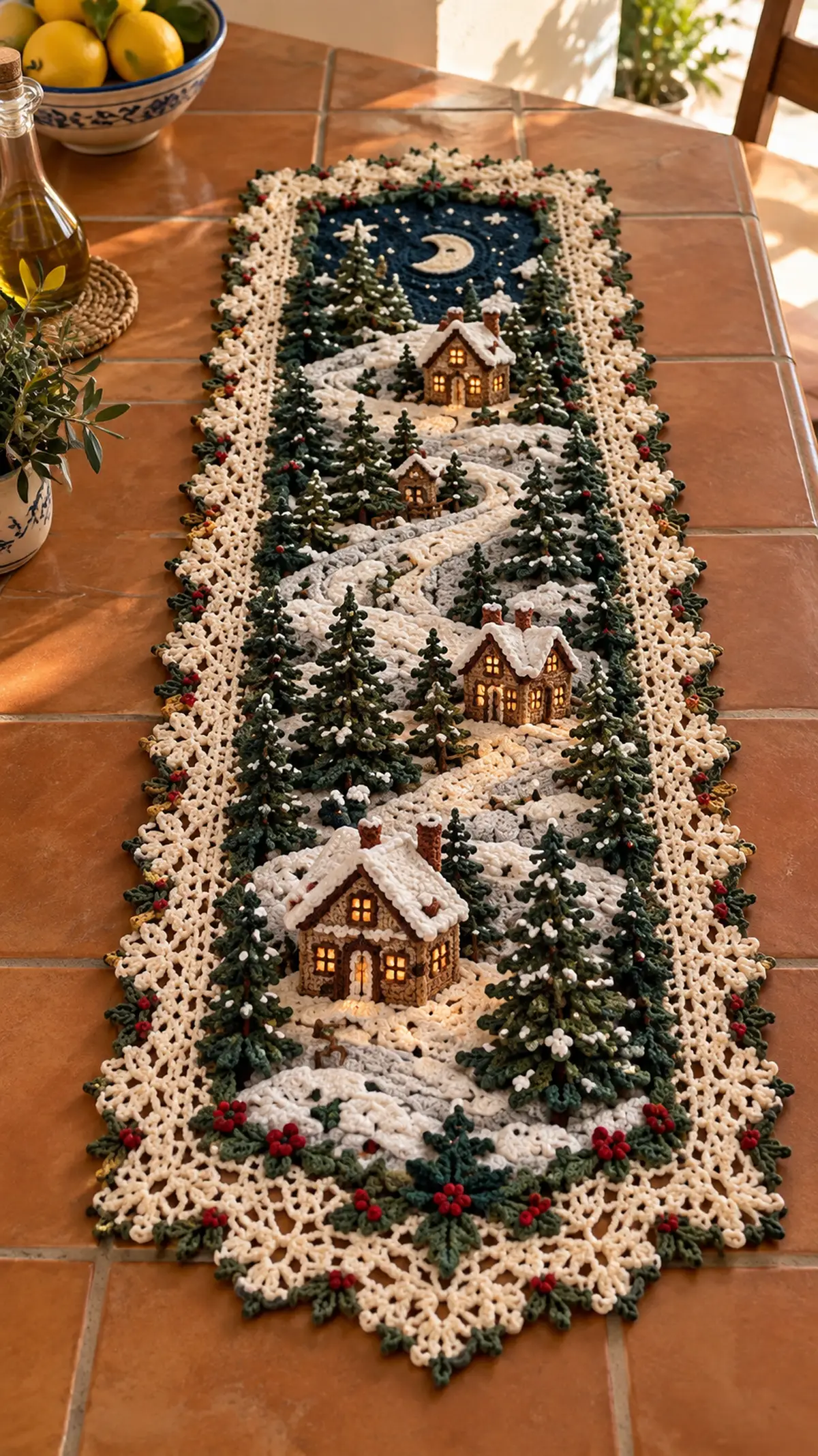 Cream And Forest Green Winter Village Table Runner Pattern