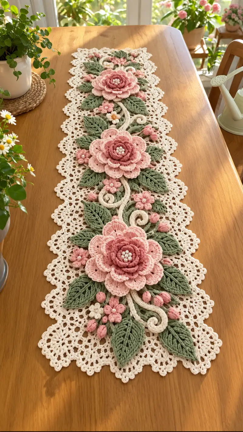 Elegant Floral Table Runner Pattern crochet pattern - detailed view of completed project