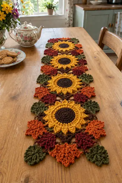 Joined Sunflower Row Table Runner with Autumn Leaves Pattern step 1 - construction progress
