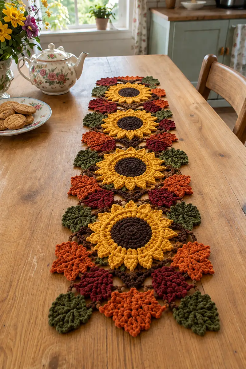 Joined Sunflower Row Table Runner with Autumn Leaves Pattern crochet pattern - detailed view of completed project