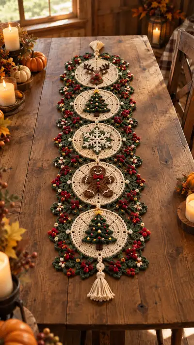 Cream And Forest Green Christmas Motif Table Runner Pattern step 1 - construction progress