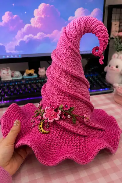 Spooky Girly Pink Spiral Witch Hat Pattern step 1 - construction progress