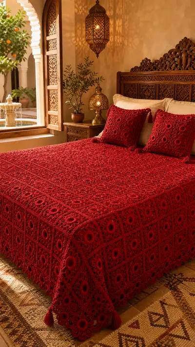 Crimson Floral Granny Bedspread Pattern step 1 - construction progress