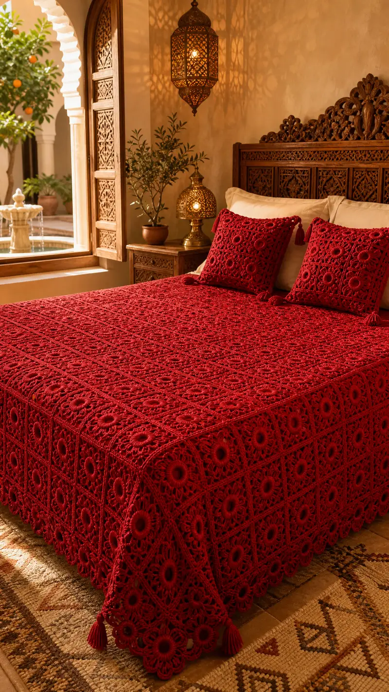 Crimson Floral Granny Bedspread Pattern crochet pattern - detailed view of completed project