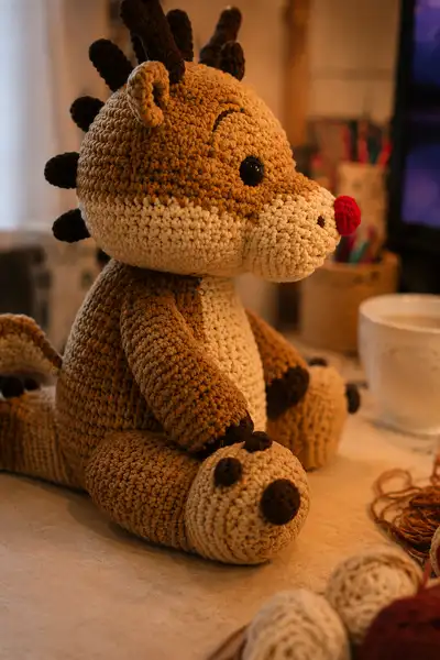 Big Reindeer Dragon with Antlers and Red Nose Amigurumi Pattern step 2 - assembly progress