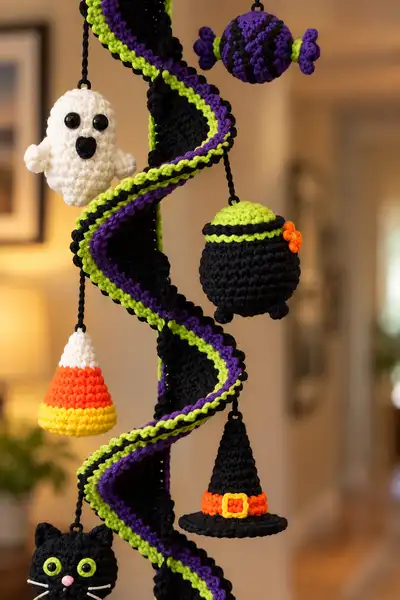 Halloween Spiral Mobile Amigurumi Pattern step 2 - assembly progress