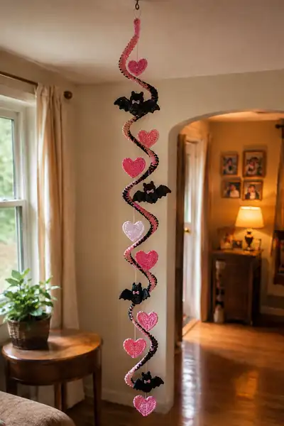 Girly Roof Spiral Garland with Candy Hearts and Baby Bats Pattern step 1 - construction progress