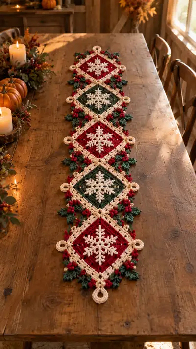 Red and Forest Green Snowflake Diamond Table Runner Pattern step 1 - construction progress