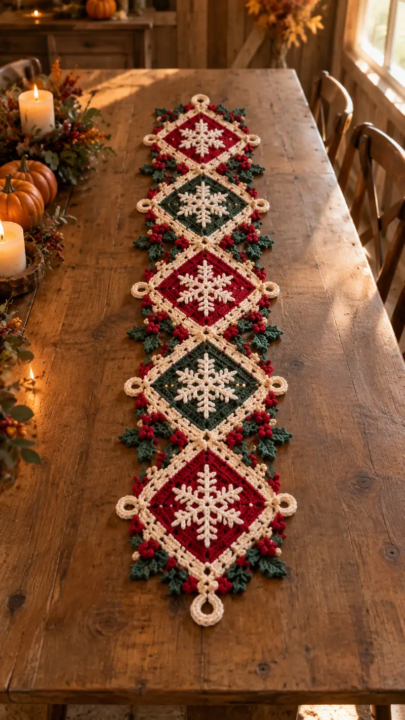 Red and Forest Green Snowflake Diamond Table Runner Pattern crochet pattern - detailed view of completed project