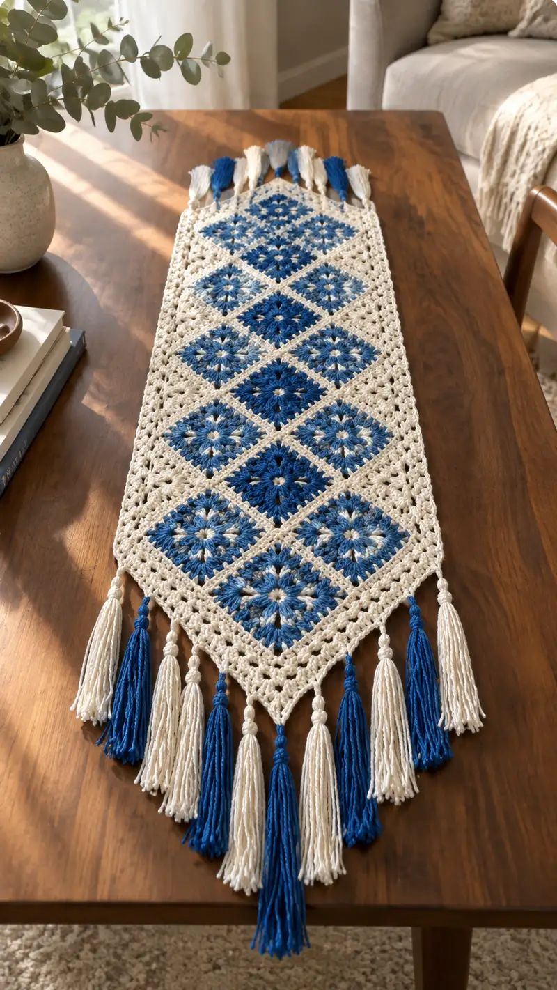 Blue Diamond Granny Table Runner Pattern crochet pattern - detailed view of completed project