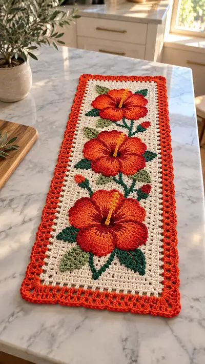 Vibrant Hibiscus Table Runner Pattern step 1 - construction progress