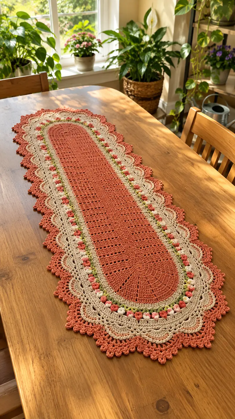 Vintage Floral Table Runner Pattern crochet pattern - detailed view of completed project