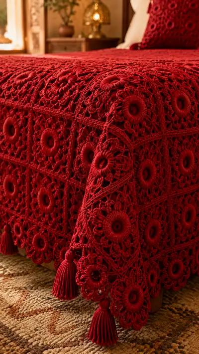 Crimson Floral Granny Bedspread Pattern step 2 - assembly progress