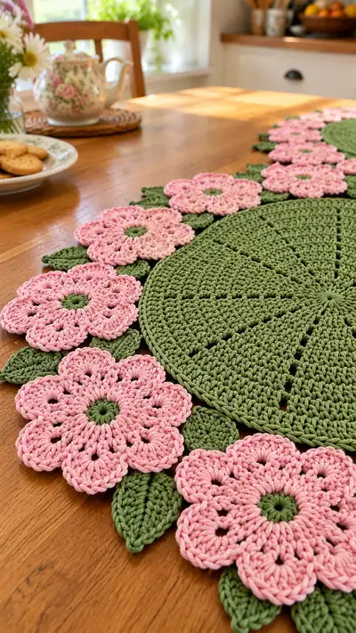 Floral Circle Table Runner Pattern step 2 - assembly progress