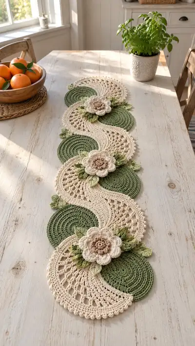 S-Curve Floral Crochet Table Runner Pattern step 1 - construction progress