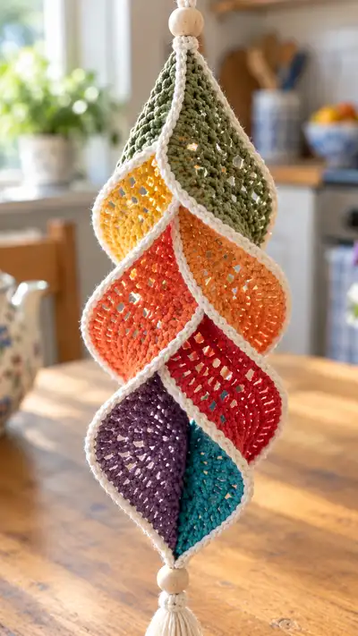Rainbow Spiral Hanging Ornament Pattern step 2 - assembly progress