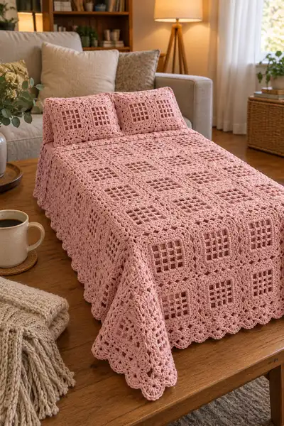 Pink Crochet Bedspread Pattern step 2 - assembly progress