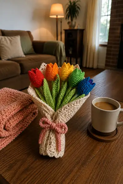 Rainbow Tulip Crochet Bouquet Pattern step 1 - construction progress