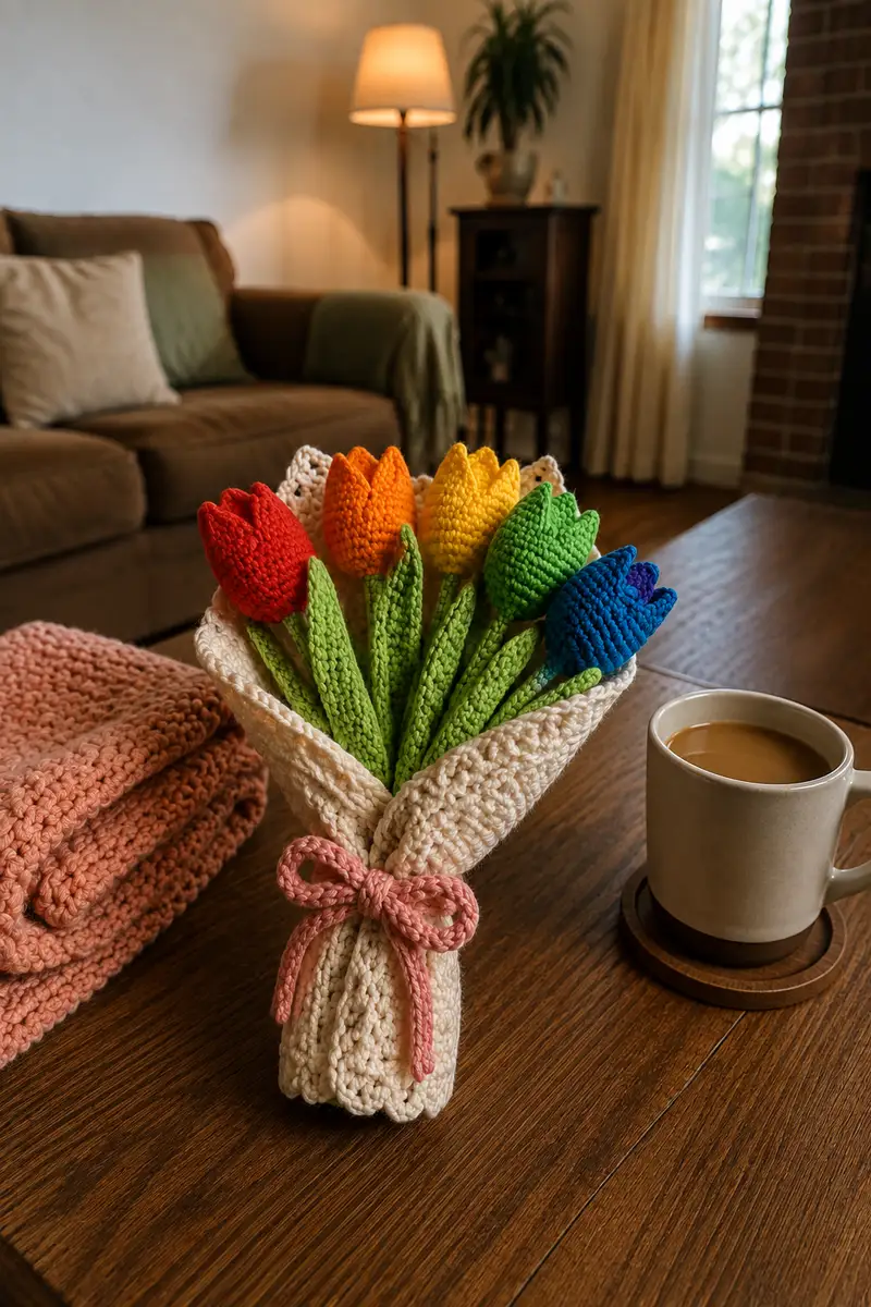 Rainbow Tulip Crochet Bouquet Pattern crochet pattern - detailed view of completed project